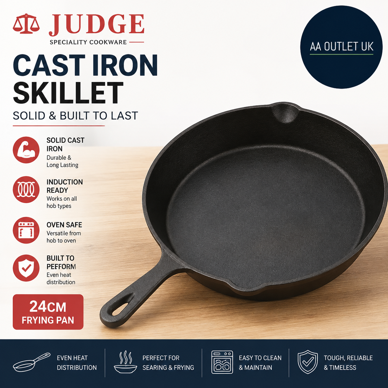 Judge Speciality Cookware Skillet Solid Cast Iron Frying Pan 24cm Induction Oven