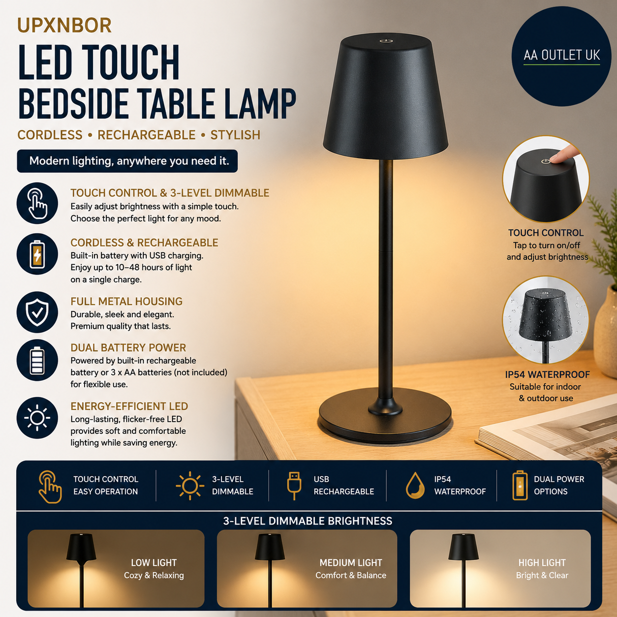UPXNBOR Night Light LED Touch Bedside Table Lamp Cordless Rechargeable Black