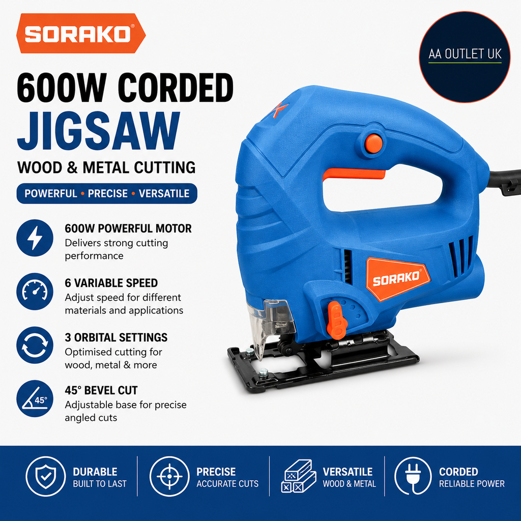 SORAKO 600W Corded Jigsaw Wood Metal 6 Speed 3 Orbital 45° Bevel Cut Design