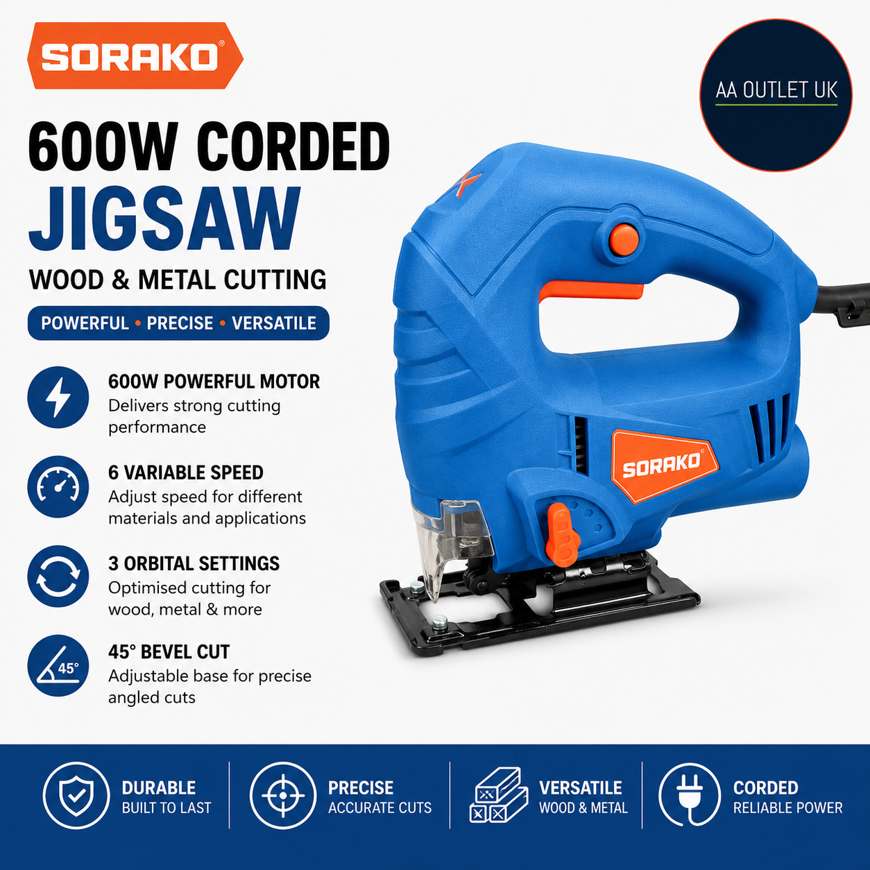 SORAKO 600W Corded Jigsaw Wood Metal 6 Speed 3 Orbital 45° Bevel Cut Design