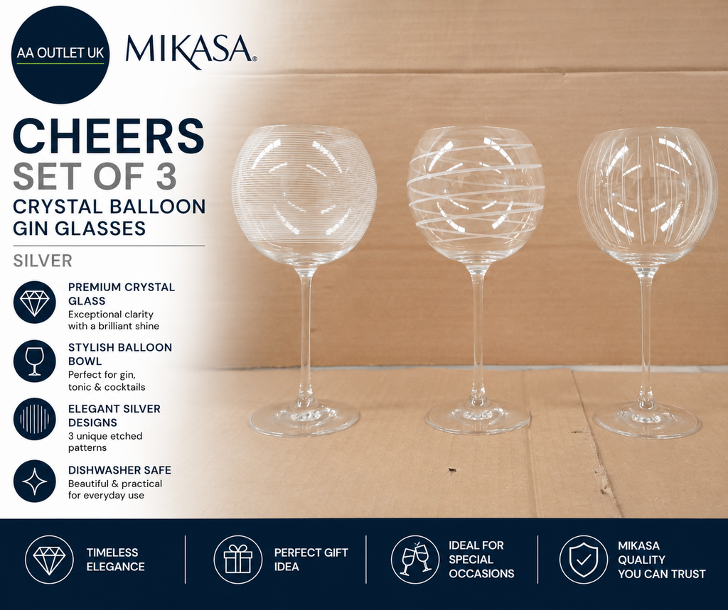 MIKASA Cheers 3 Pieces Crystal Balloon Gin Glasses Silver 724ml Dishwasher Safe