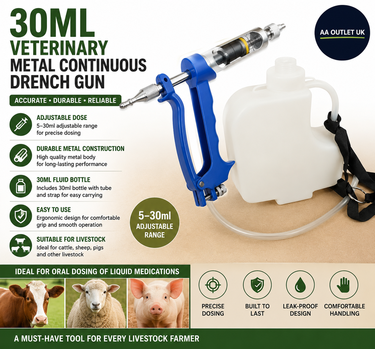 30ml Veterinary Metal Continuous Drench  5-30ml Adjustable Oral Dosing Gun