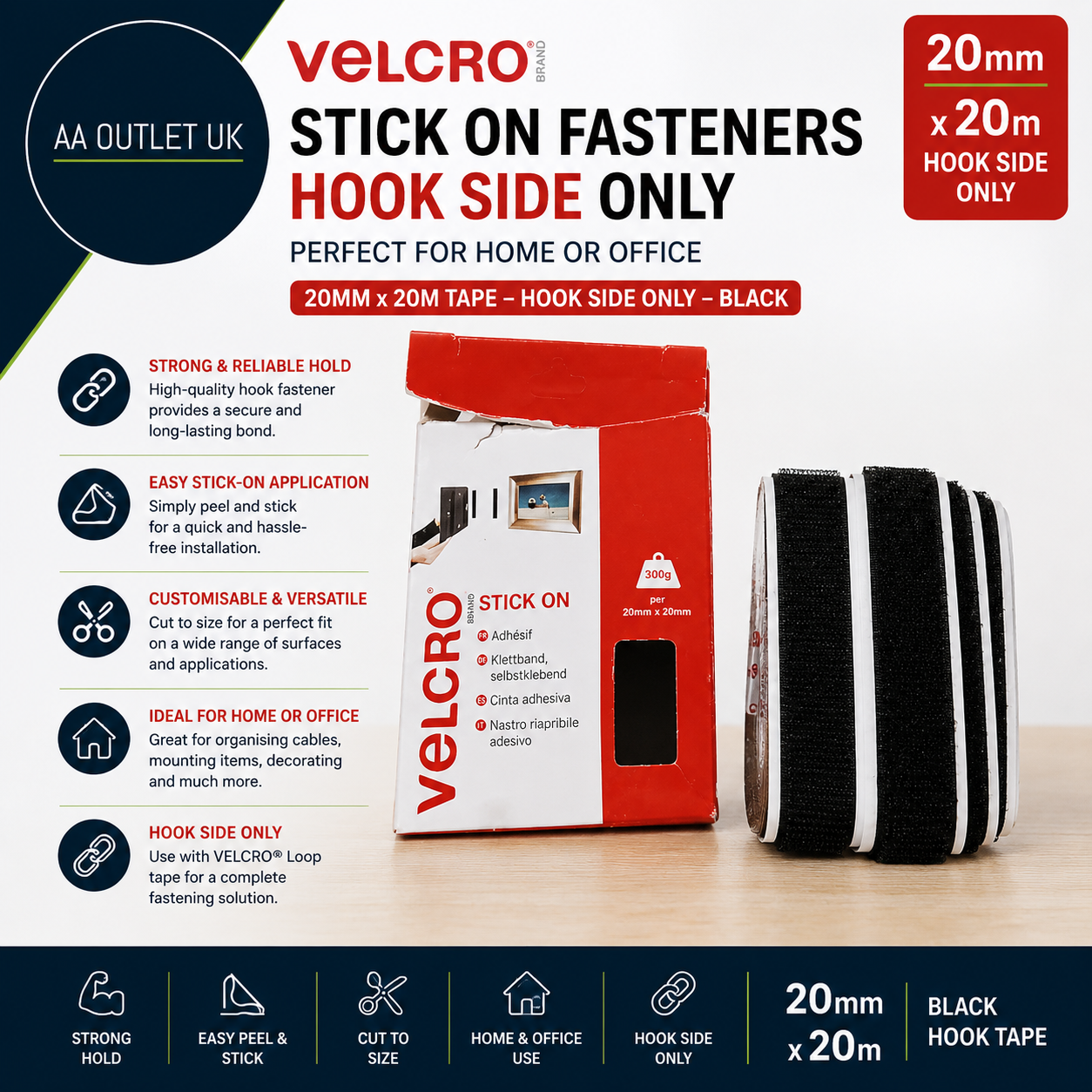 Velcro Brand Stick On Fasteners Hook Side Only Perfect Home Office 20mmx10m New
