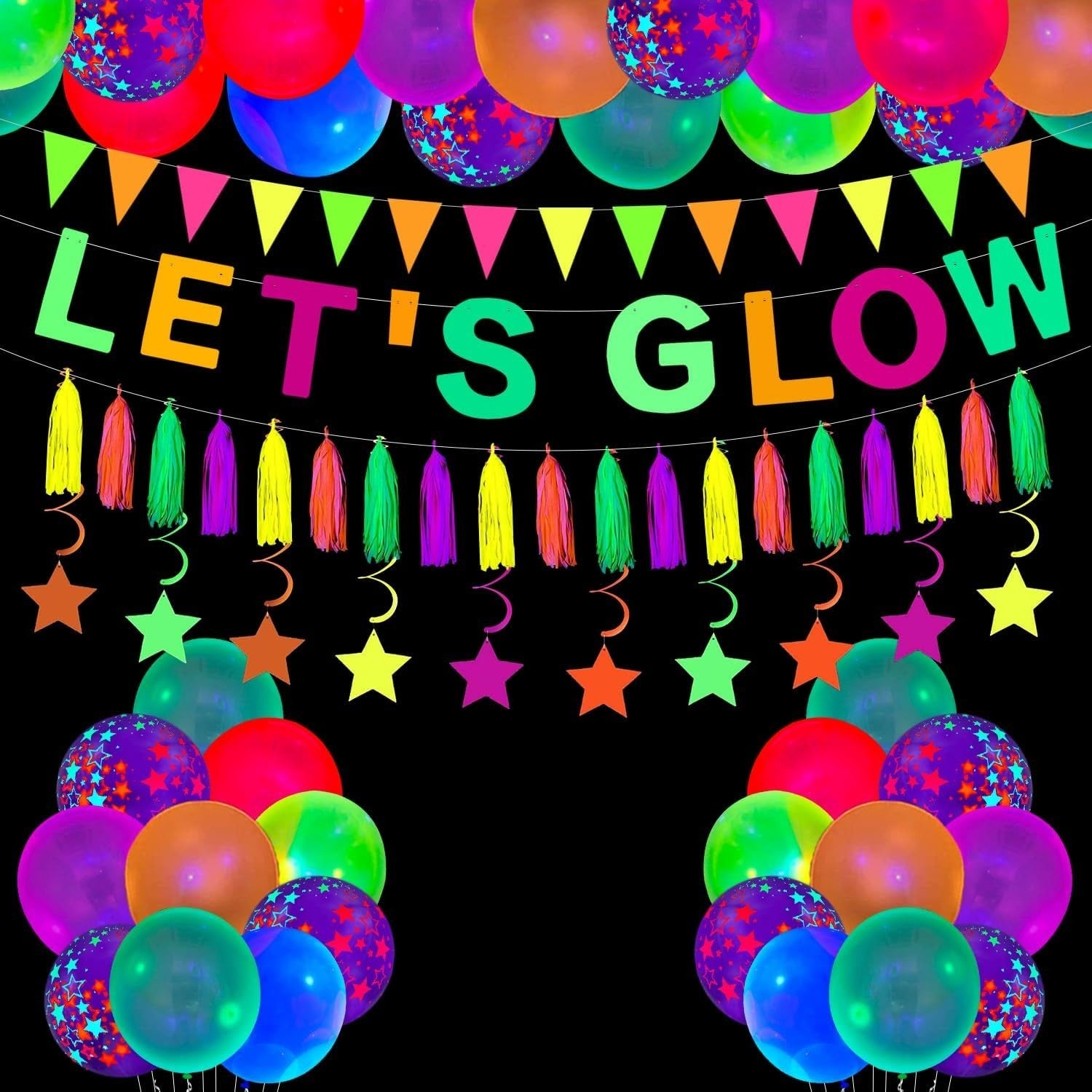 45 Pack Neon Party Supplies Lets Glow Banner Balloons Paper Tassels Triangle New