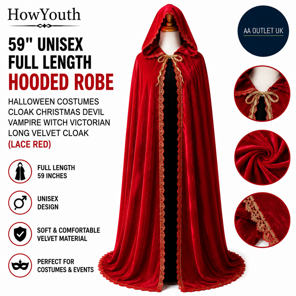 59" Unisex Full Length Hooded Robe Halloween Costumes Cloak Christmas Devil Vamp