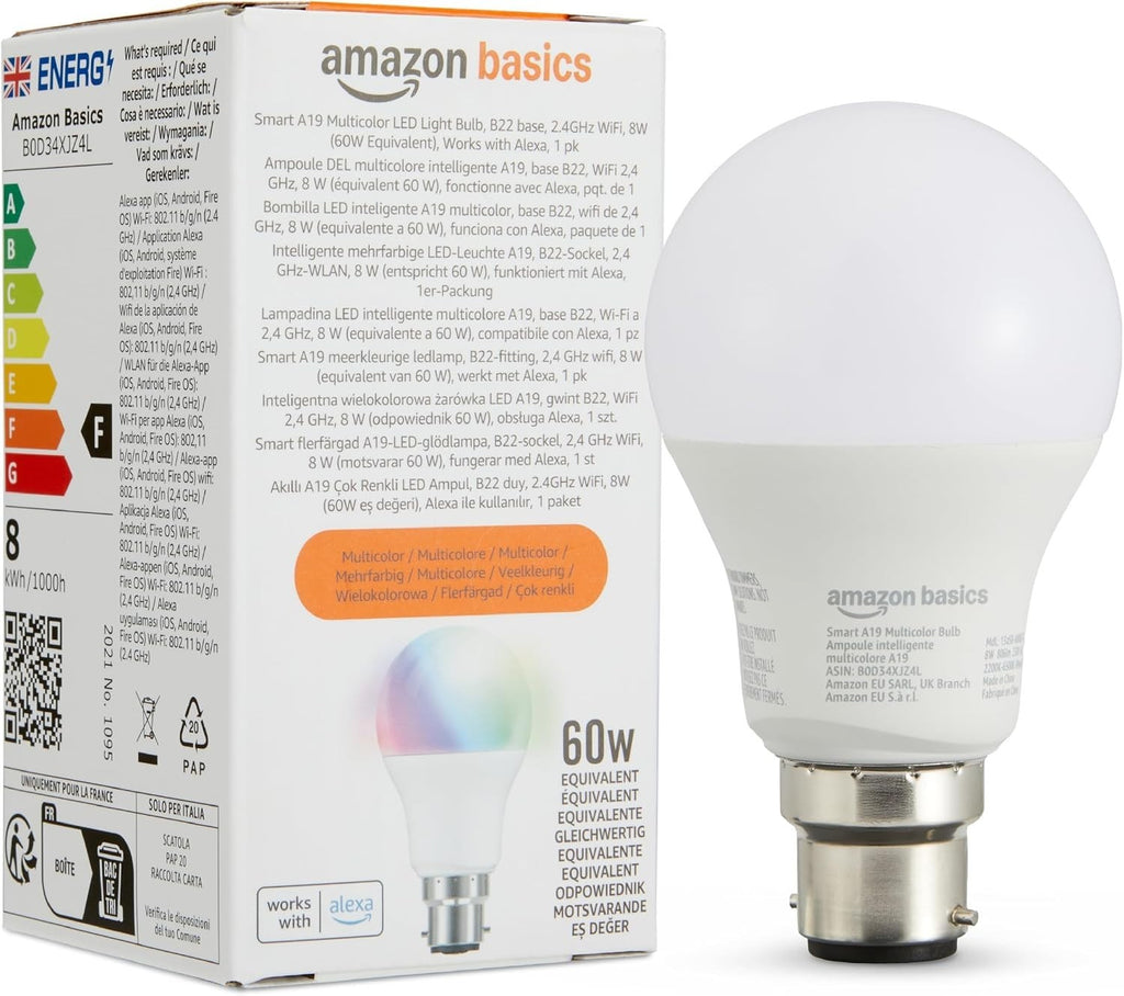 Amazon Basics Smart Multicolor LED Light Bulb B22 Base 8W 60W Equivalent New