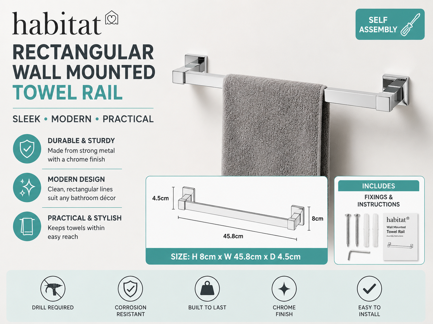 Habitat Rectangular Wall Mounted Towel Rail 8x45.8x4.5cm Self Assembly