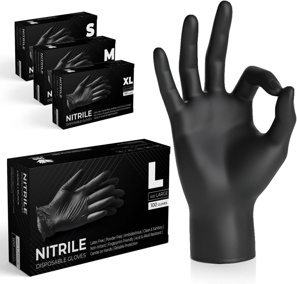Real Touch Black Nitrile Multi Purpose Disposable Gloves Powder Free Large New