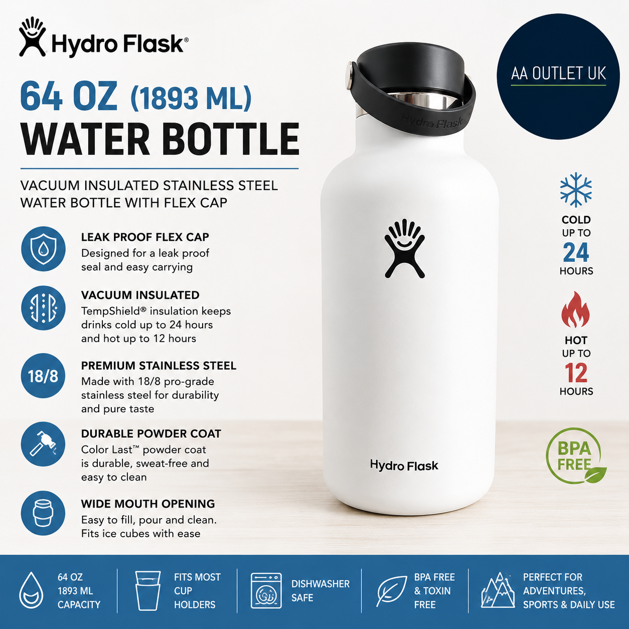 Hydro Flask Water Bottle 1893ml Vacuum Insulated Stainless Steel White