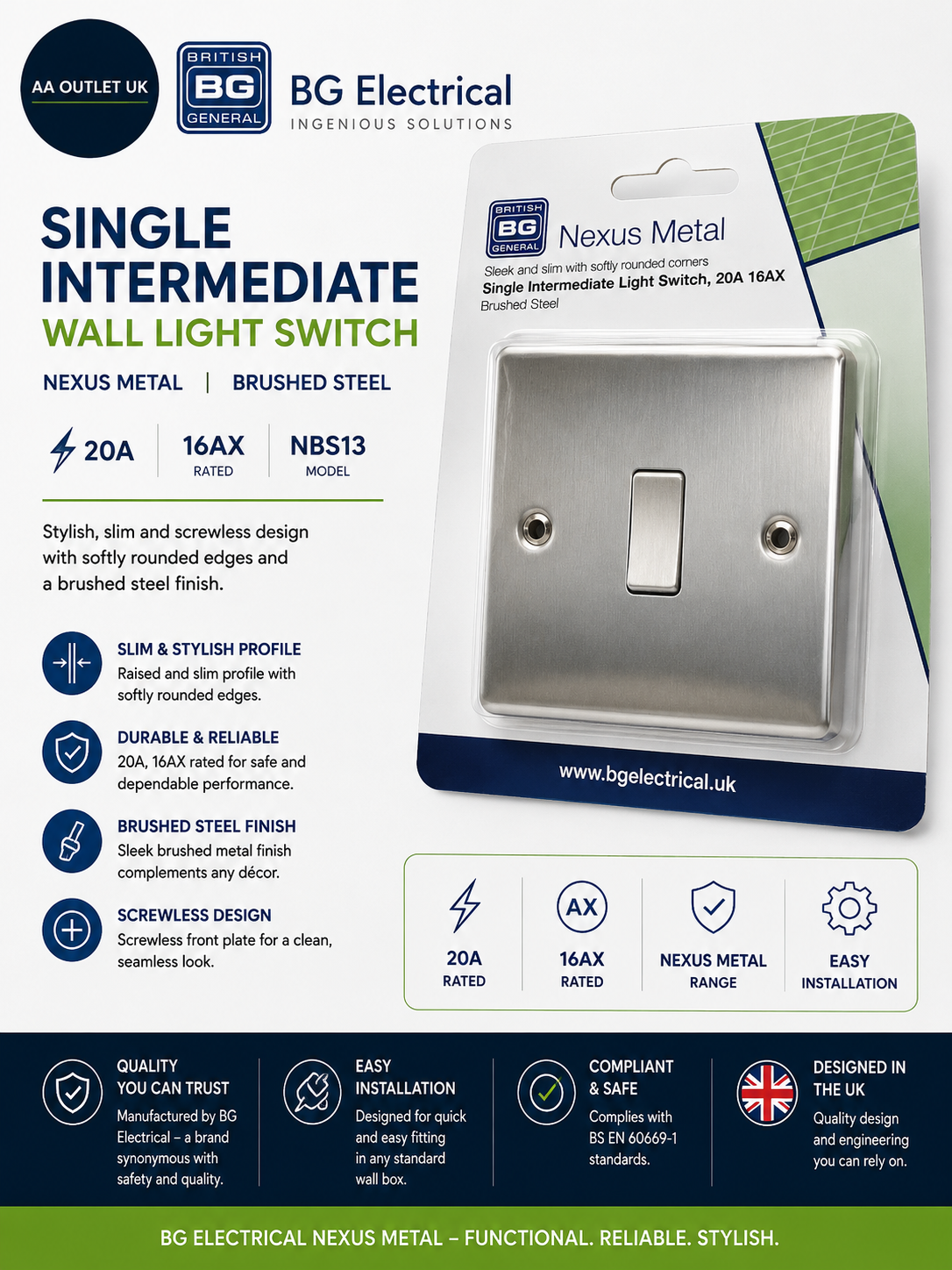 BG Electrical Single Intermediate Wall Light Switch Raised Slim Profile Round