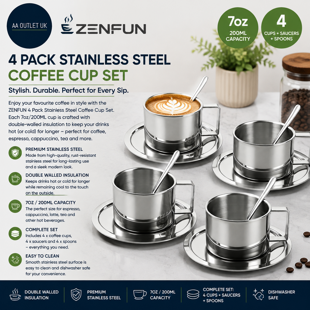 Zenfun 4 Pack 6.8 oz Coffee Cups Set 18/8 Stainless Steel Espresso Saucer Spoon