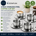 Zenfun 4 Pack 6.8 oz Coffee Cups Set 18/8 Stainless Steel Espresso Saucer Spoon