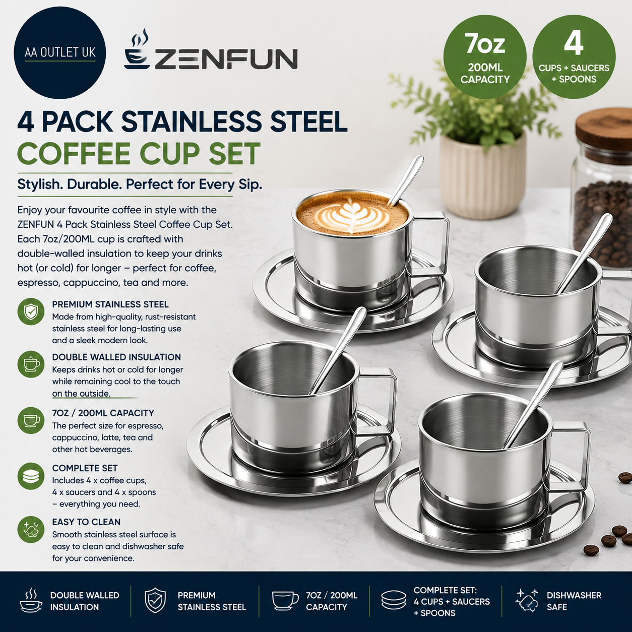 Zenfun 4 Pack 6.8 oz Coffee Cups Set 18/8 Stainless Steel Espresso Saucer Spoon