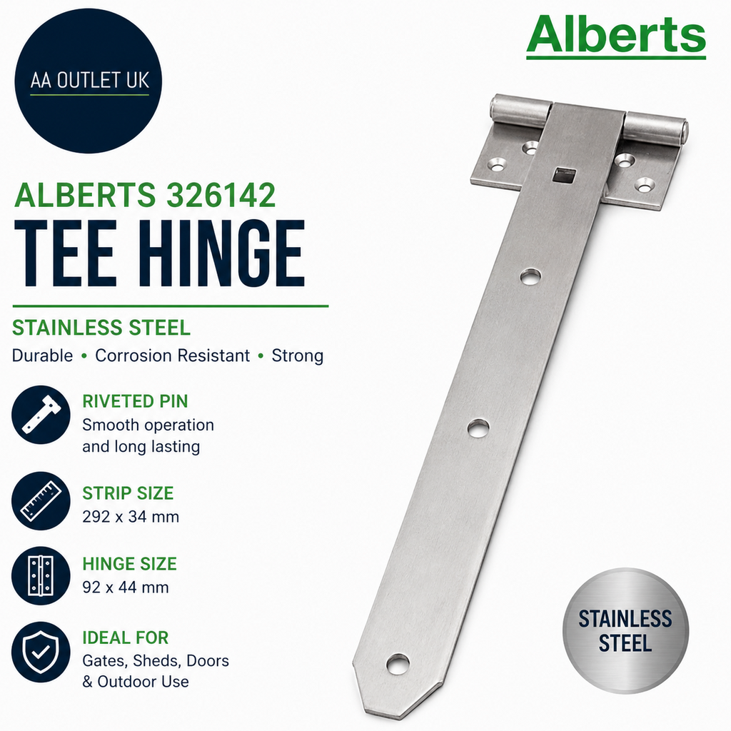 Alberts 326142 Tee Hinge Riveted Pin Stainless Steel Strip 292x34mm