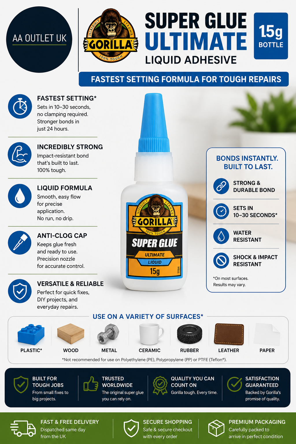 Gorilla Super Glue Ultimate Liquid Adhesive Fastest Setting Formula Repairs