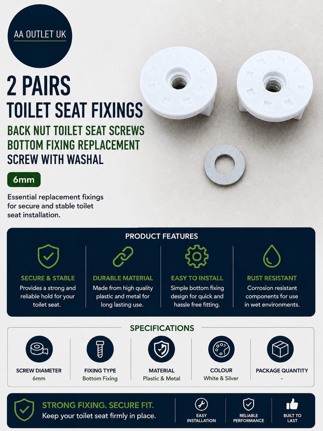 2 Pairs Toilet Seat Fixings Back Nut Toilet Seat Screws Bottom Replacement