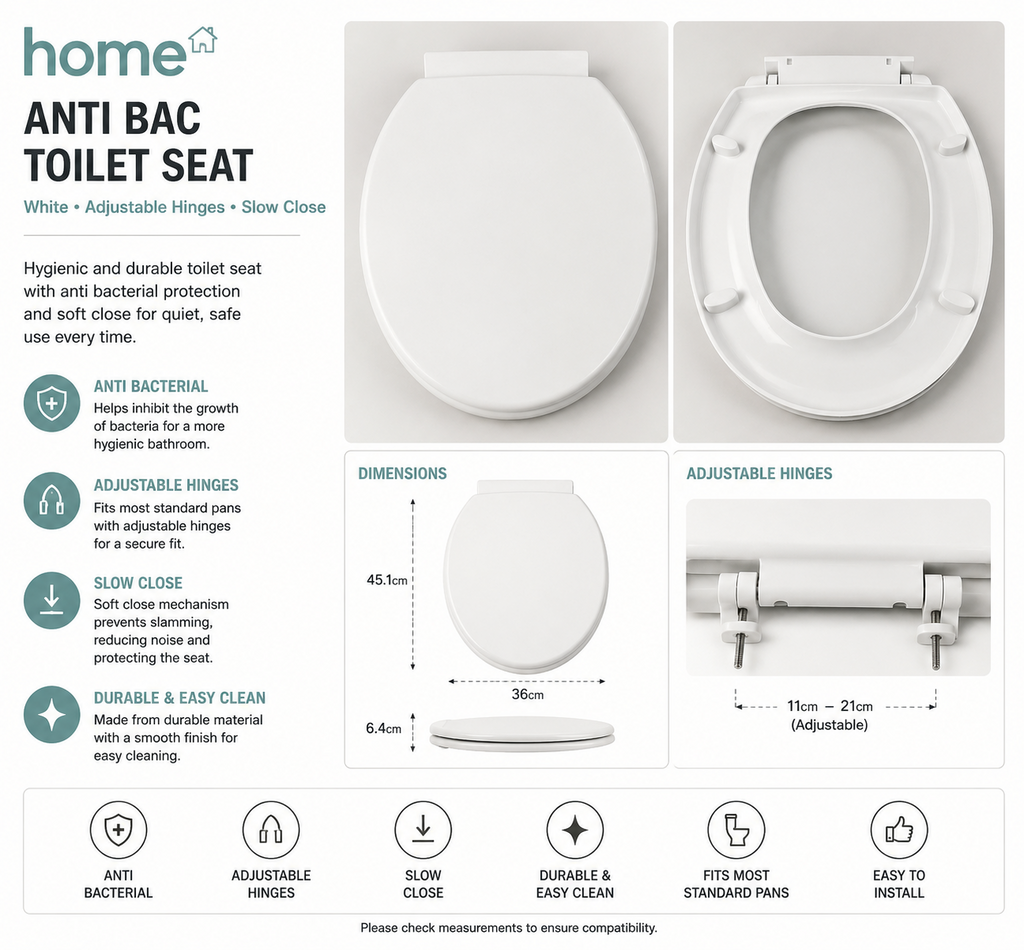 Home Anti Bac Toilet Seat White Adjustable Hinges 45.1x36x6.4cm Slow Close