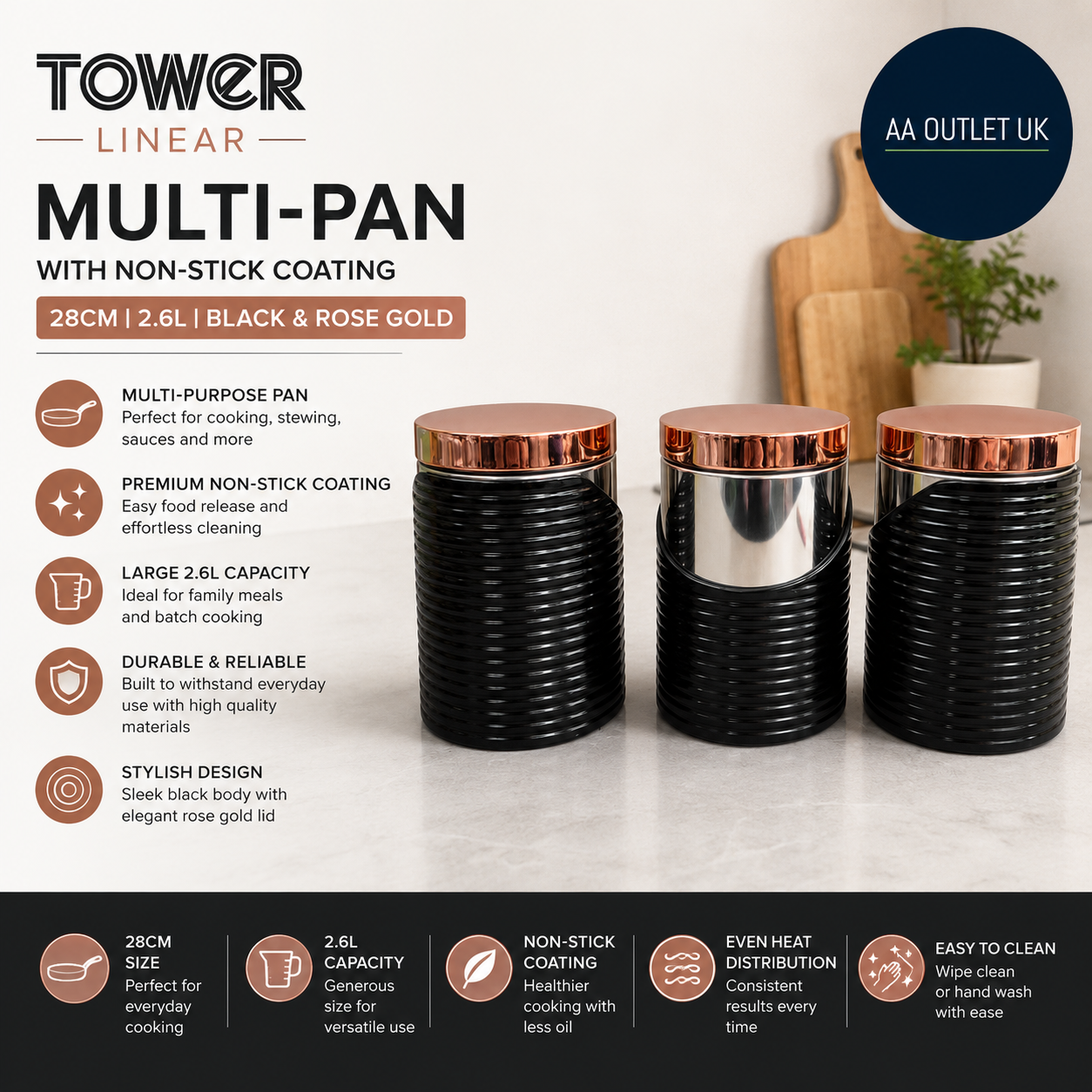 Tower Linear Multi Pan Non Stick Coating 28cm 2.6L Black Rose Gold T826001RB