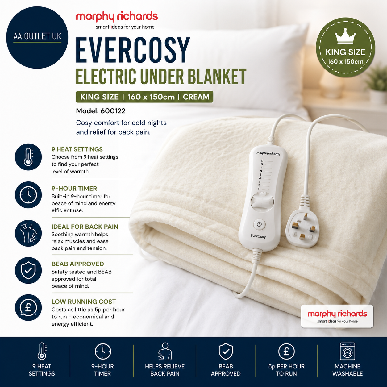 Morphy Richards Ever Cosy Electric Under Blanket King 160x150cm Back Pain