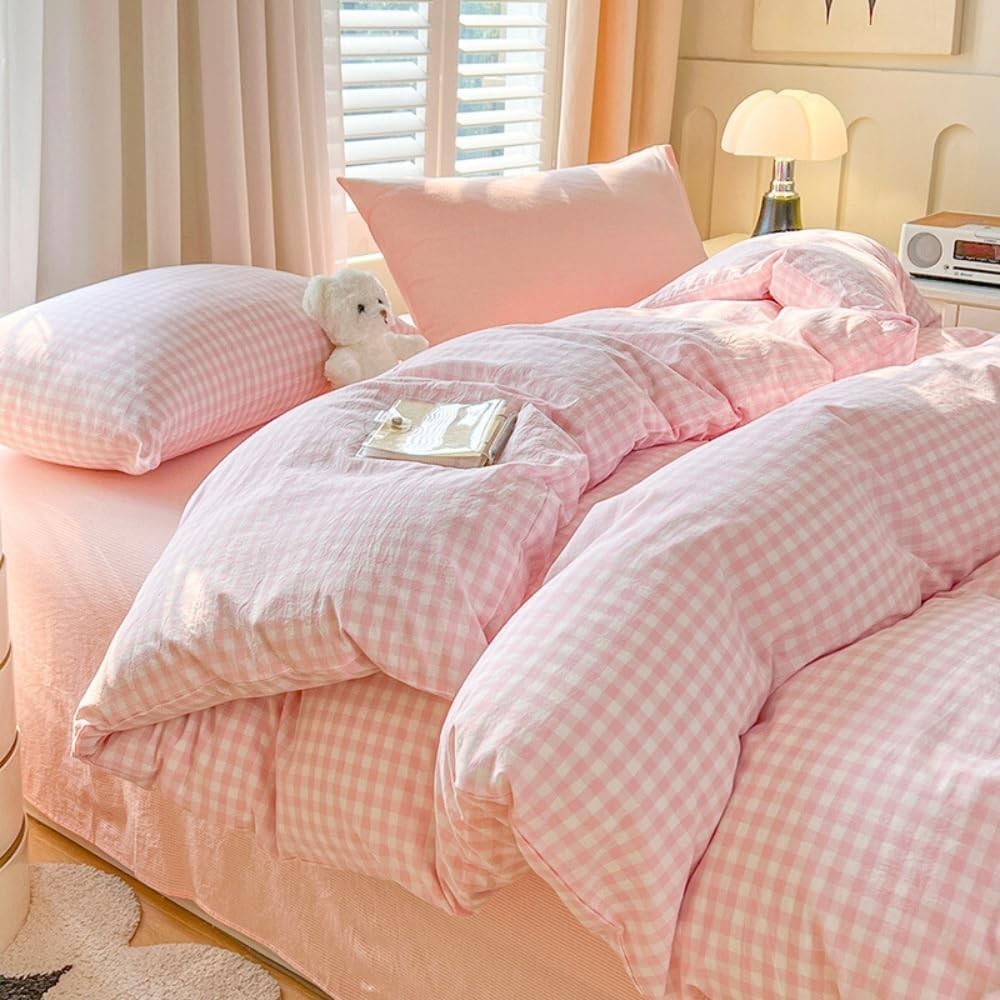 Michorinee Duvet Cover Set Pink White Plaid Pattern Double 50x75cm New