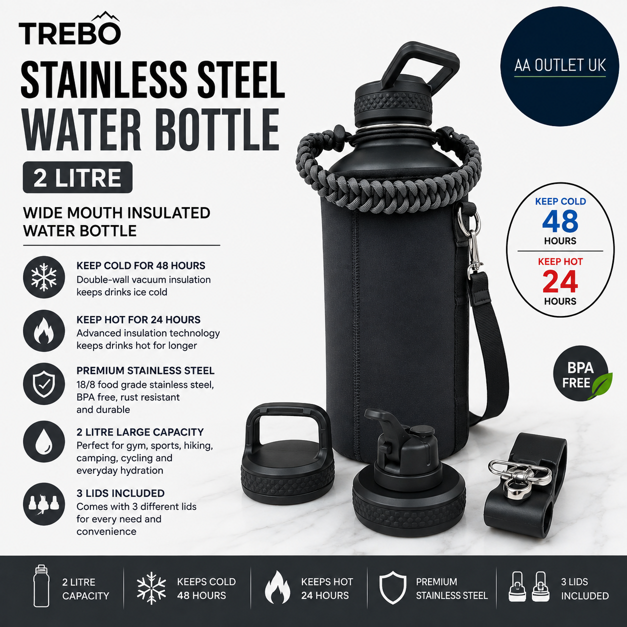 Trebo Stainless Steel Water Bottle 2L Wide Mouth Insulated Double Dark Gray