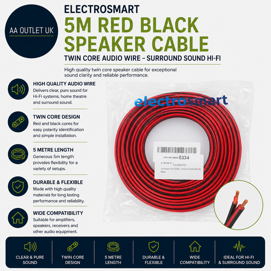 Electrosmart 5m Red Black Speaker Cable Twin Core Audio Wire Surround Sound New