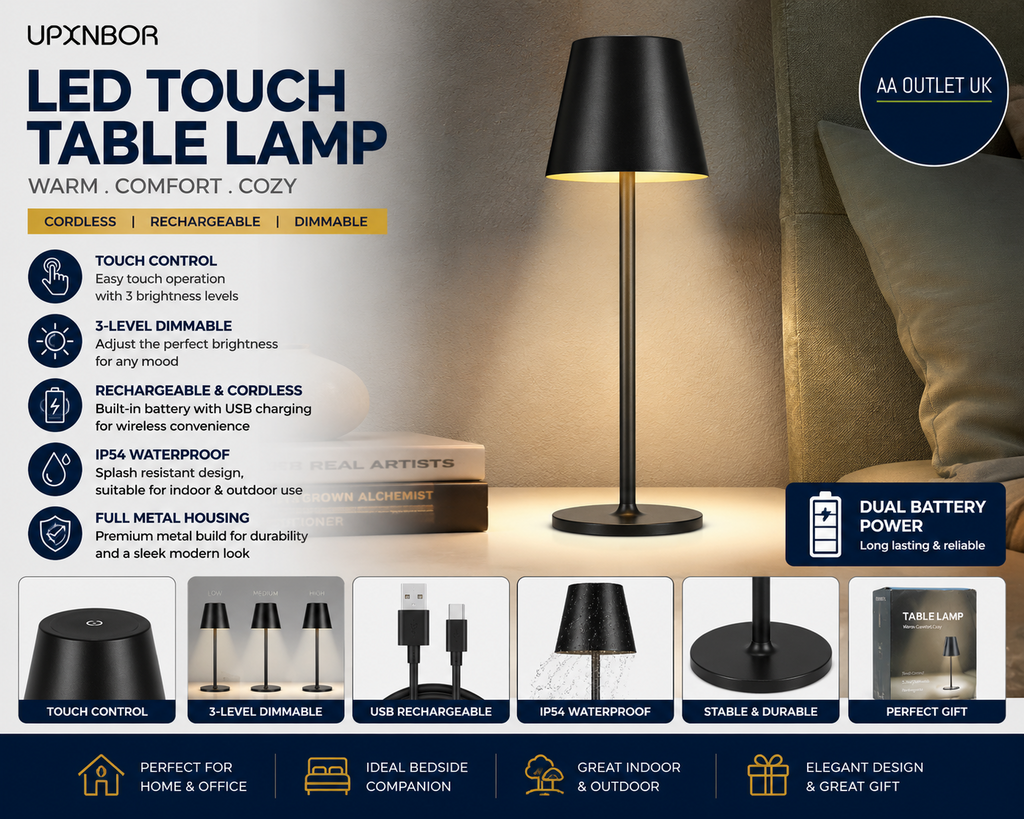 Night Light LED Touch Bedside Table Lamp Cordless Rechargeable USB IP54 Black