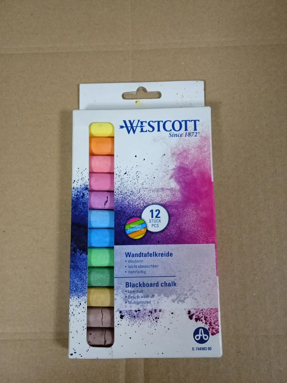 Westcott Chalk 12 Pieces Colourful 1.2cm Diameter Blackboard 8.5cm Long Low Dust