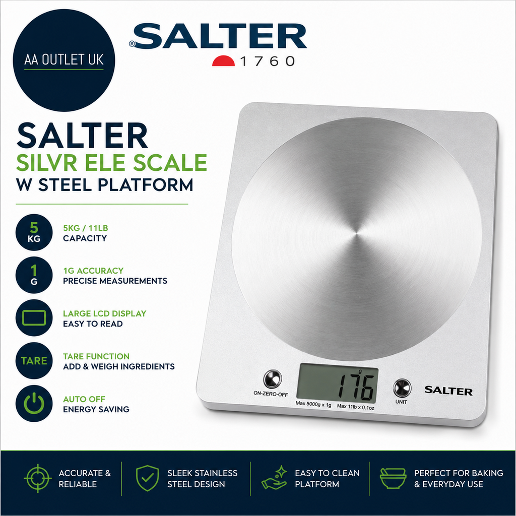 Salter Silver Ele Scale With Steel Platform Silver LCD Display Imperial Metric