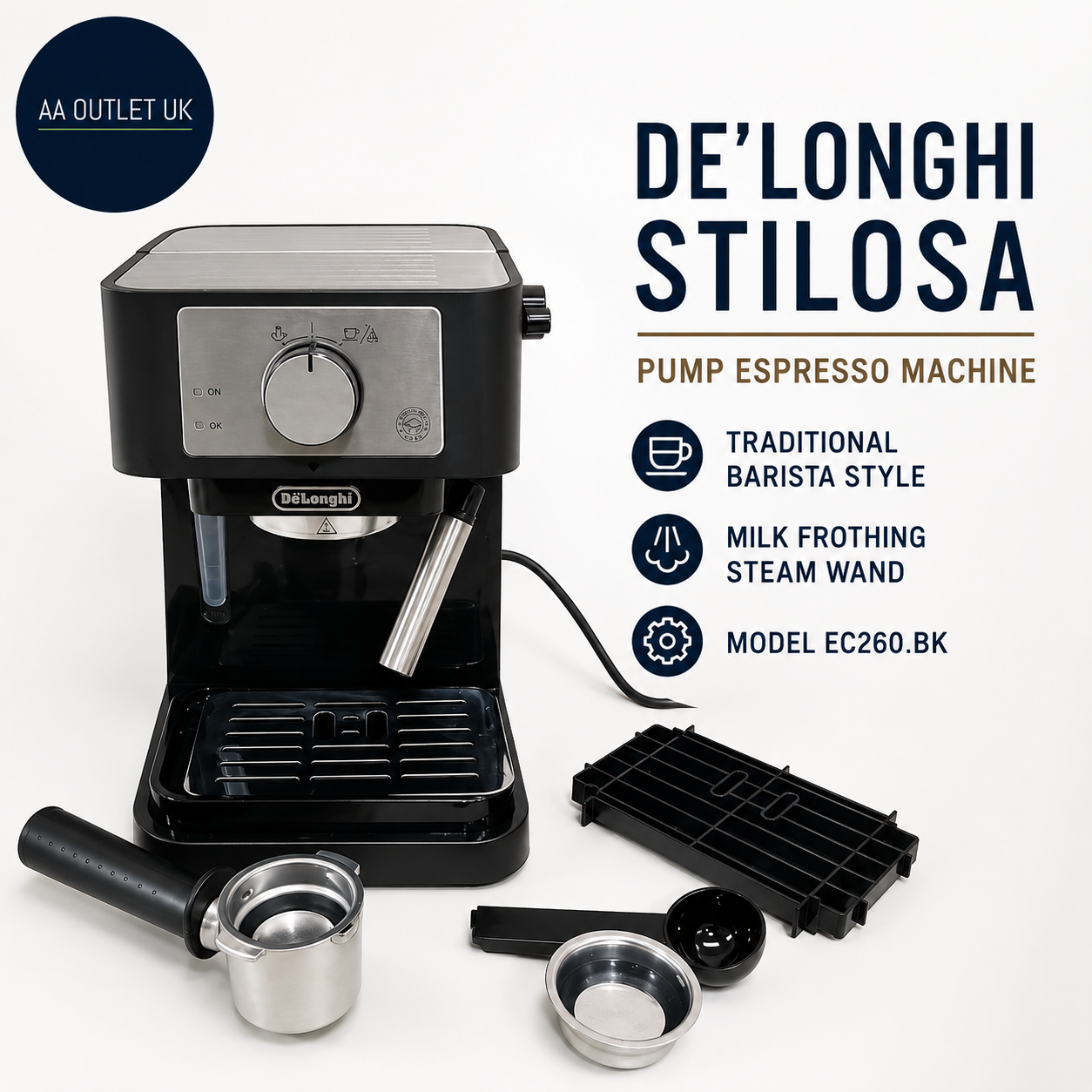 De Longhi Stilosa EC260BK Traditional Barista Pump Espresso Coffee Machine 1L