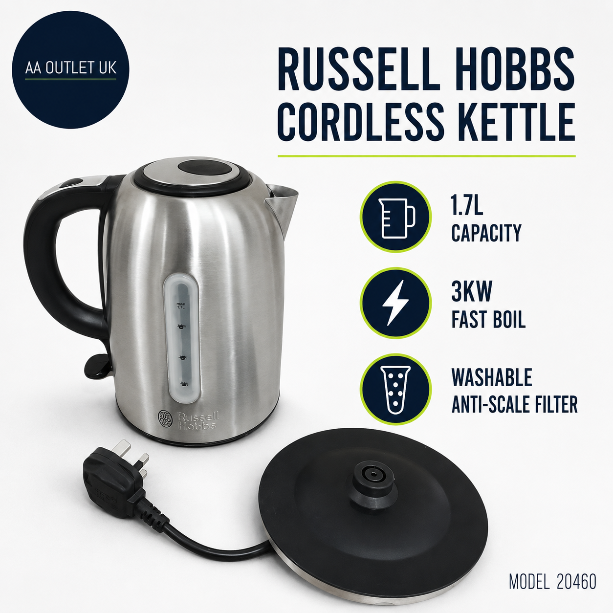 Russell Hobbs Brushed Stainless Steel Electric 1.7L Cordless Kettle 3Kw