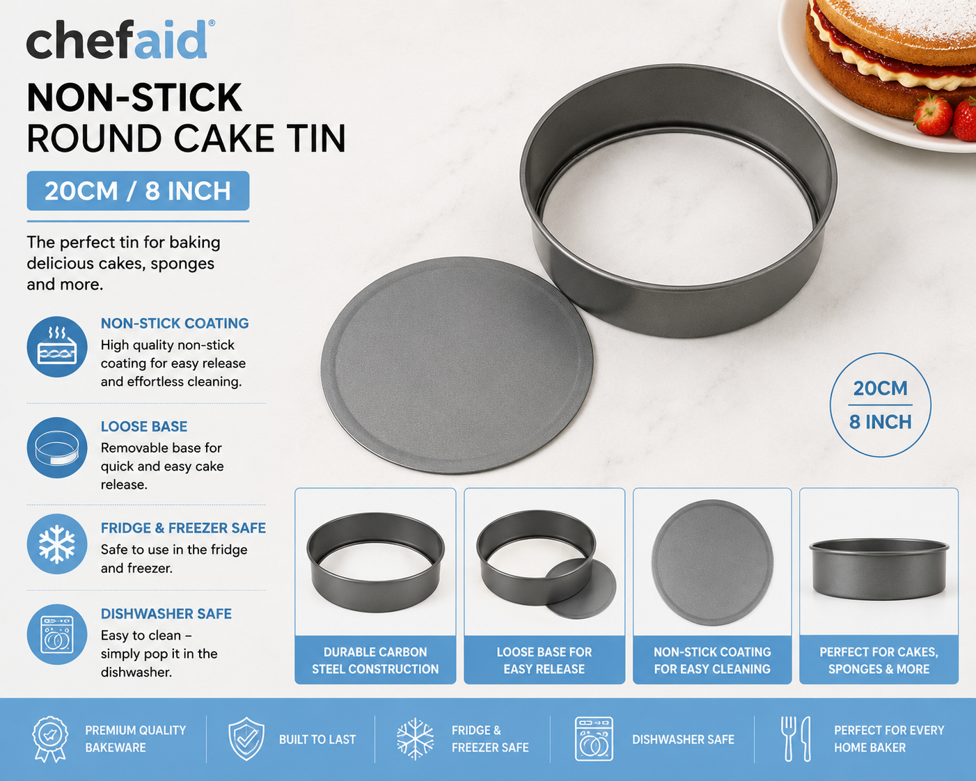 Chef Aid Non Stick Cake Tin Round Sandwich 20cm Pan Loose Base Easy Release Grey