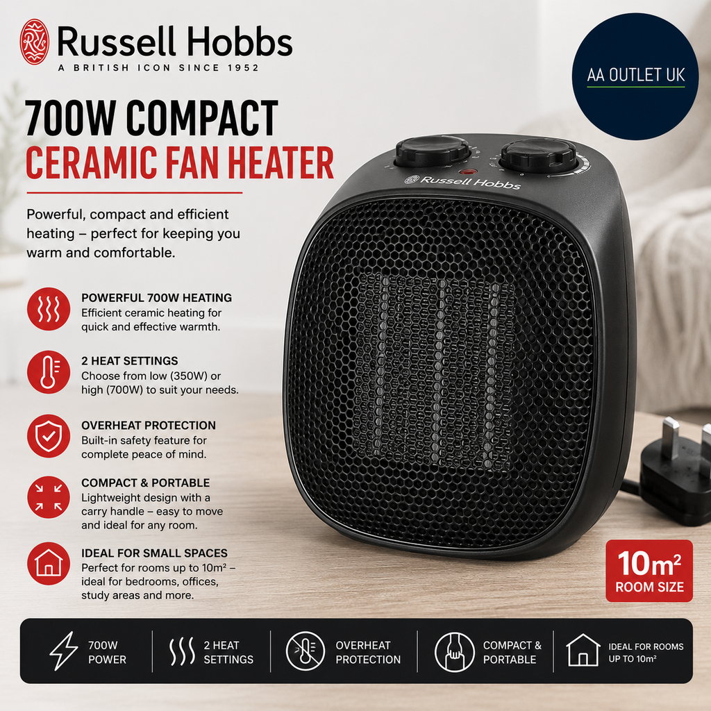 Russell Hobbs RHPH7001 700W Compact Portable Black Ceramic Plug In Fan Heater