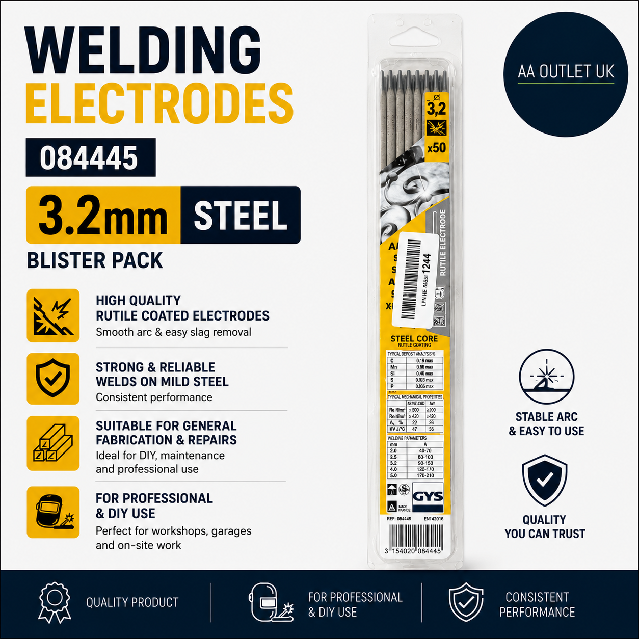 Welding Electrodes 084445 3.2mm Steel Blister Pack Alloy Steel