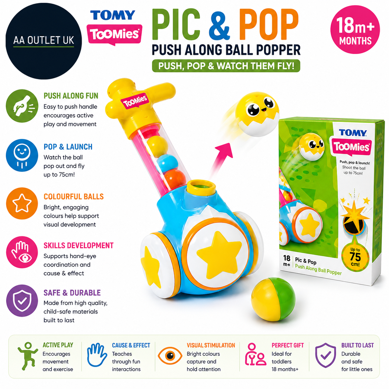 Toomies Pic Pop Push Along Ball Popper Toddler Toy 18 Months+ Kids Design