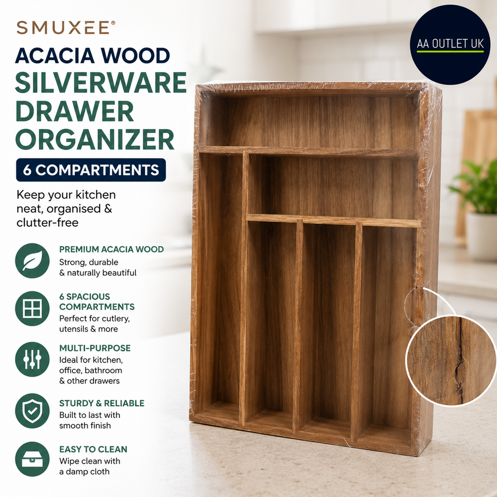 Smuxee Acacia Wood Kitchen Silverware Drawer Organizer 6 Compartment Utensil