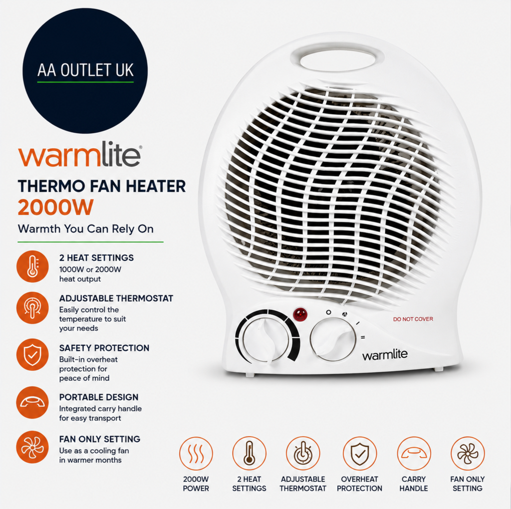 Warmlite WL44002 Thermo Fan Heater 2000W 2 Heat Settings White Portable Design