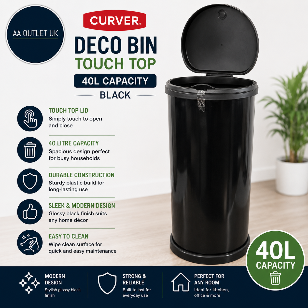 Curver 40 Litre Deco Touch Top Kitchen Bin Made Of Resin Built In Bin Black