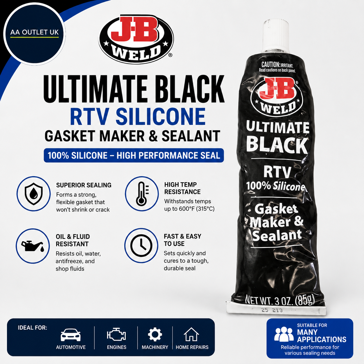 JB Weld 32329 Ultimate Black RTV Silicone Gasket Maker & Sealant 3 Ounce