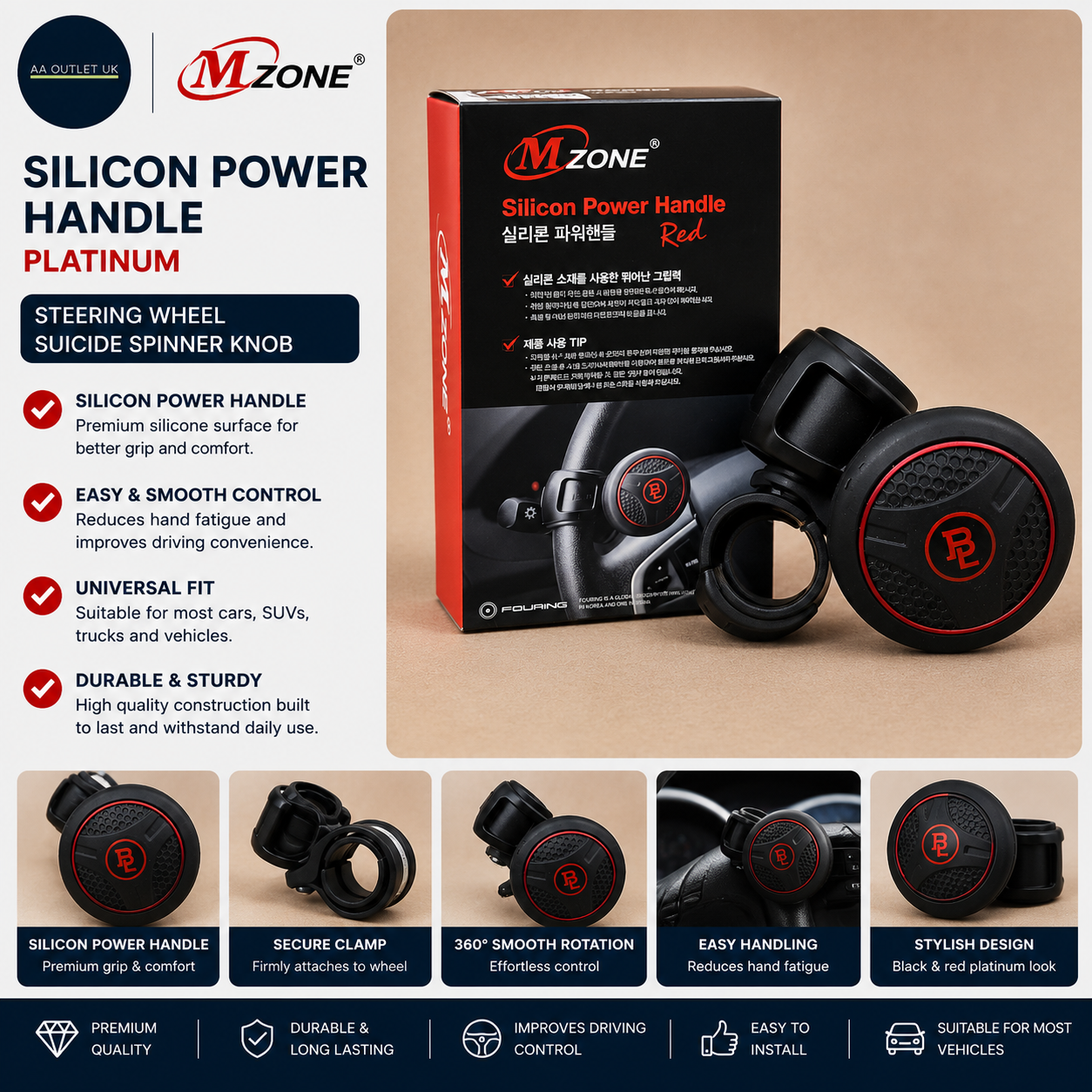 Mzone Bl Silicon Black Platinum Power Handle Car Steering Wheel Suicide Spinner