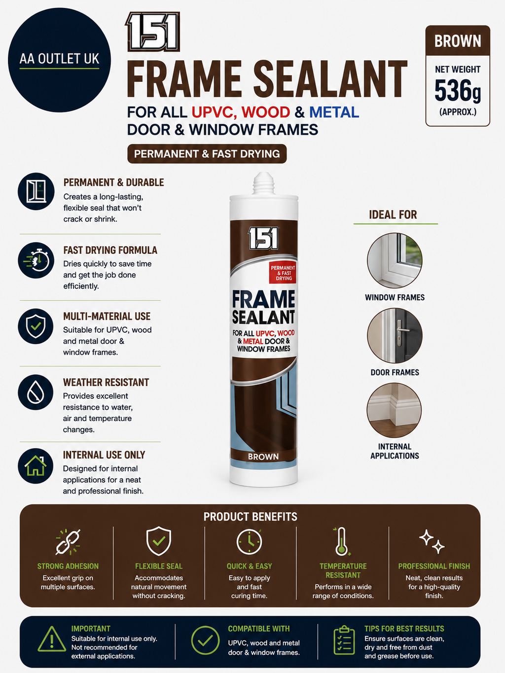 151 Frame Sealant All UPVC Wood Metal Door Window Permanent Fast Drying Brown