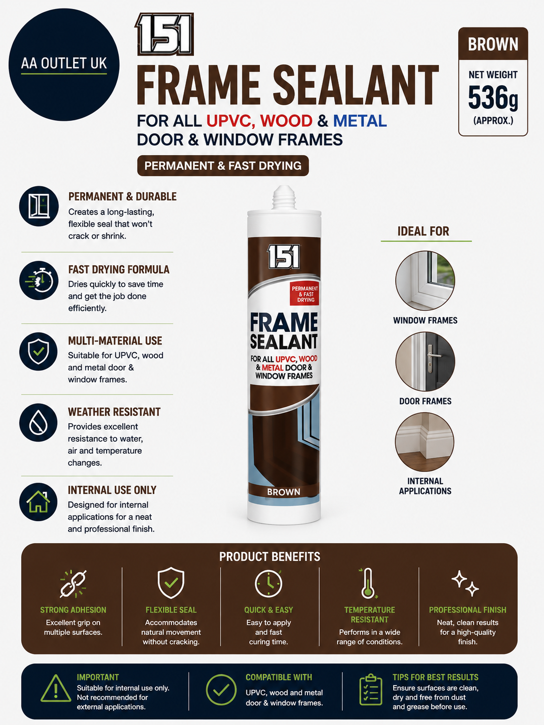 151 Frame Sealant All UPVC Wood Metal Door Window Permanent Fast Drying Brown
