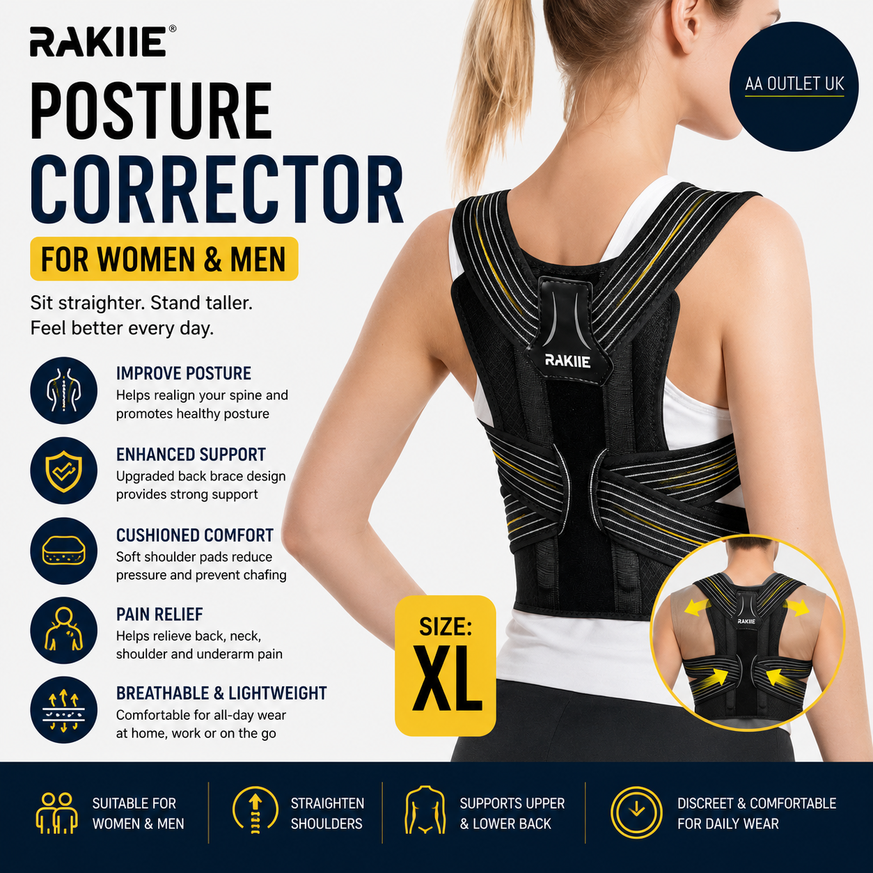 Rakiie Posture Corrector Unisex Upgraded Back Brace Enhanced Support XL New