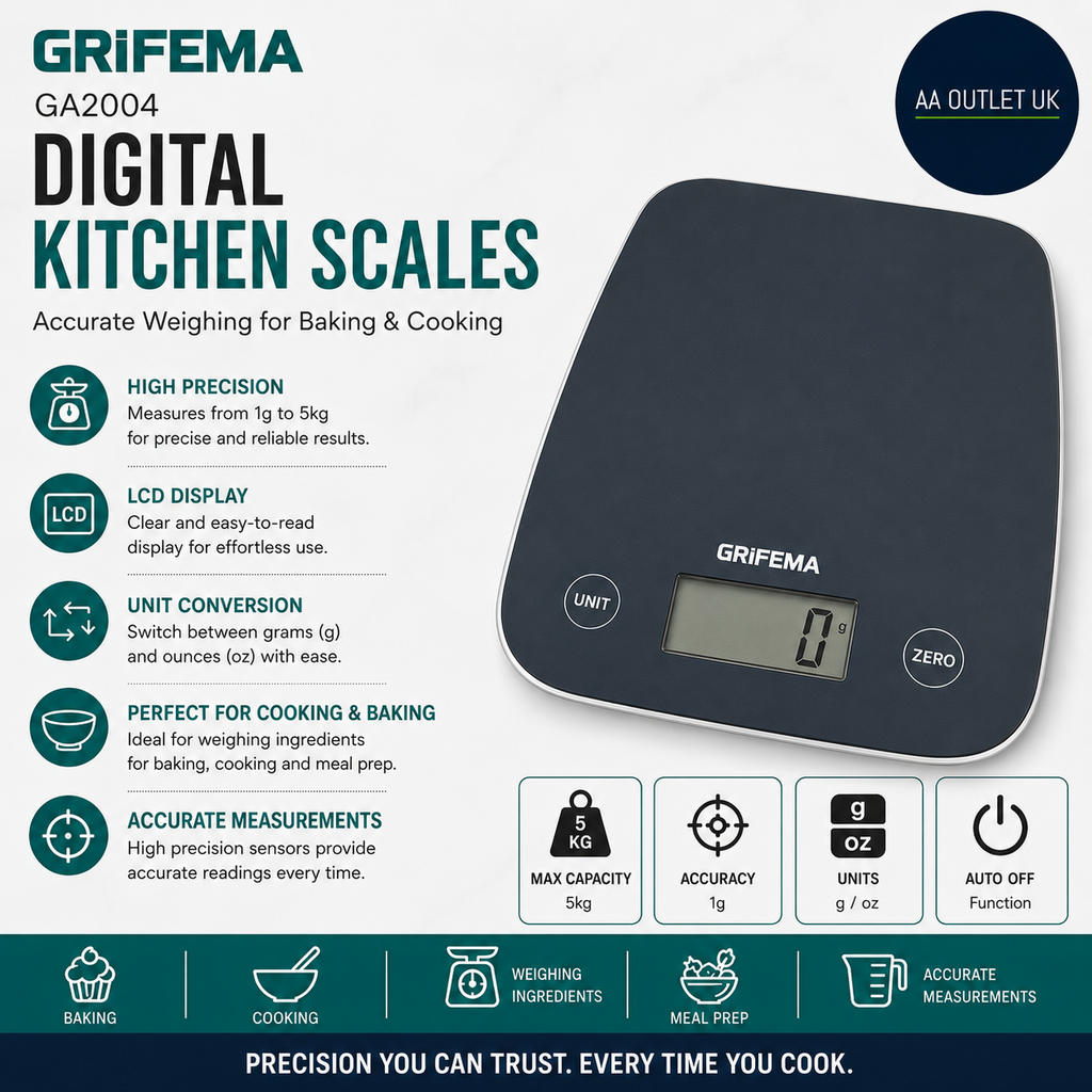 Grifema GA2004 Digital Kitchen Scales Food Weighing LCD Display 5kg Baking