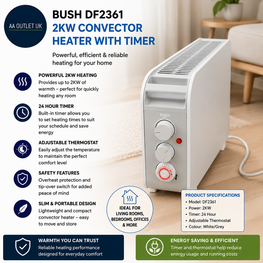 Bush DF2361 2000W Convector Heater Timer 1.5m Cord 3 Settings 31.5x52.8x19.4cm
