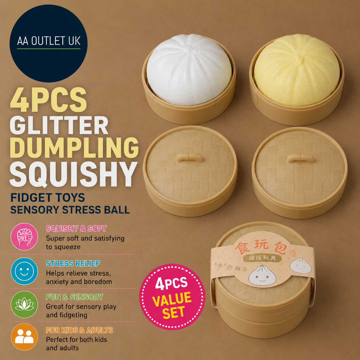 4 Pieces Glitter Dumpling Squishy Fidget Toys Sensory Stress Ball Kids Adult New