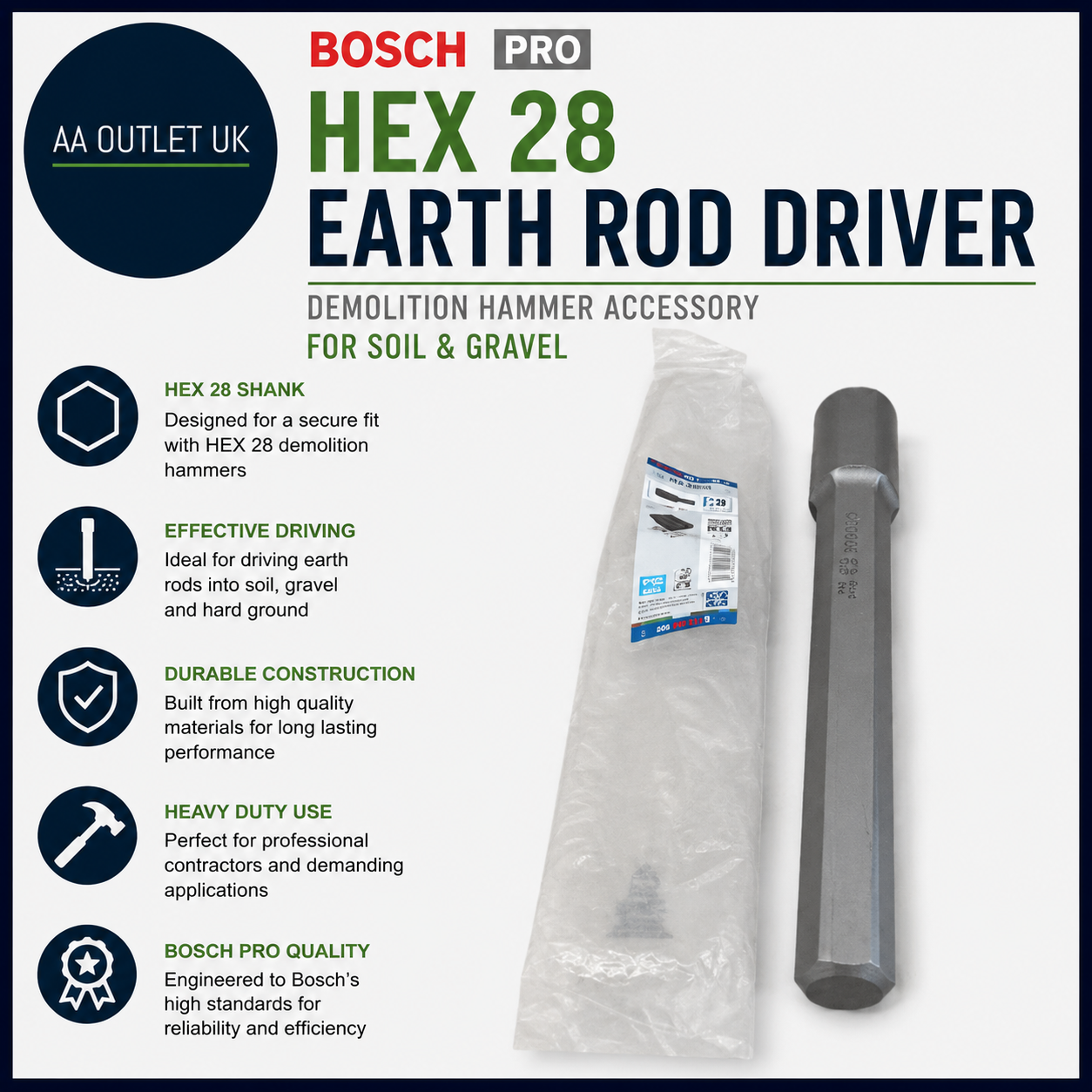 Bosch PRO Hex 28 Earth Rod Driver Demolition Hammer Accessory Soil Gravel