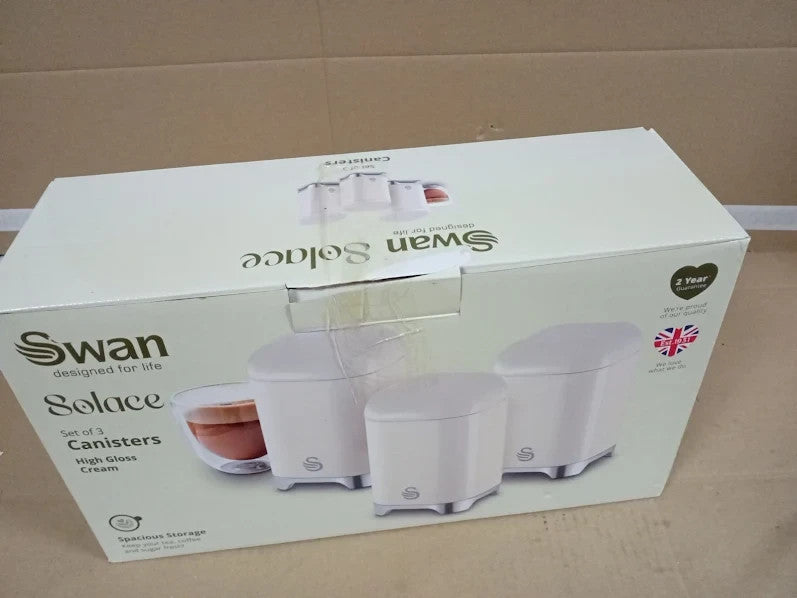 Swan Solace Set 3 Canisters Tea Coffee Sugar Iron Body Wipes Clean 1.5L New