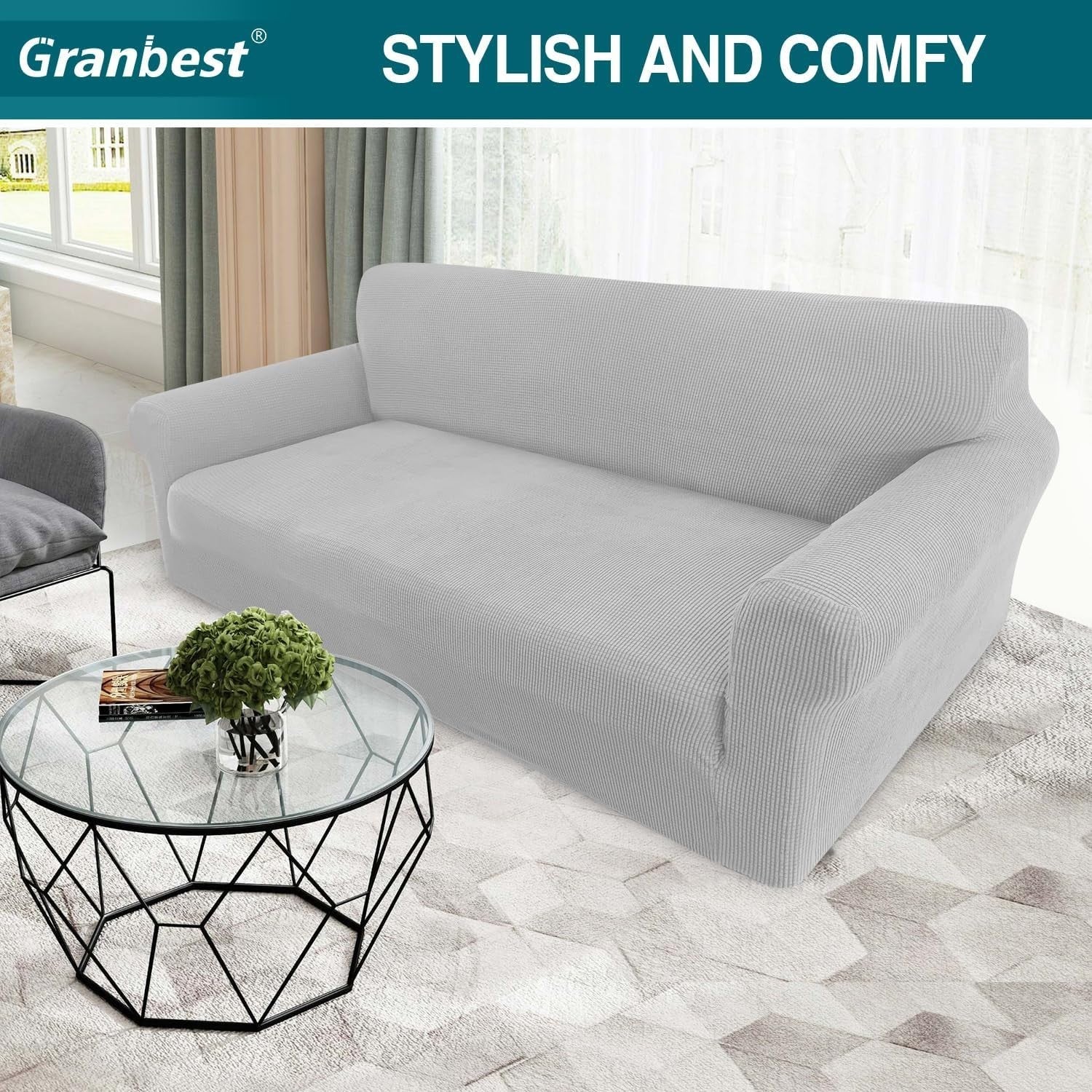 Granbest High Stretch Sofa Covers 4 Seater Super Soft XL Couch Pets Silver Grey
