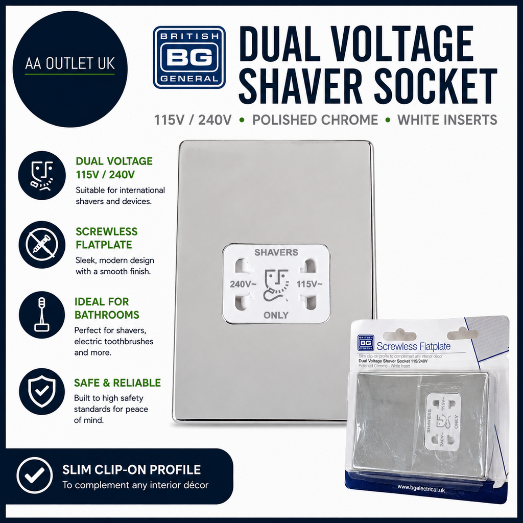 BG Electrical Dual Voltage Shaver Plug Socket Electric Toothbrush Charger Silver